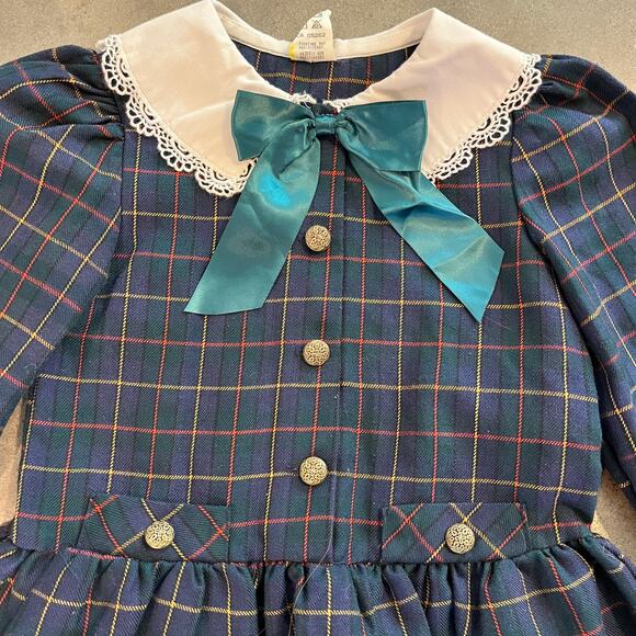 Vintage Academia navy blue green plaid school girl smock dress girl 2T peter pan - Picture 2 of 5